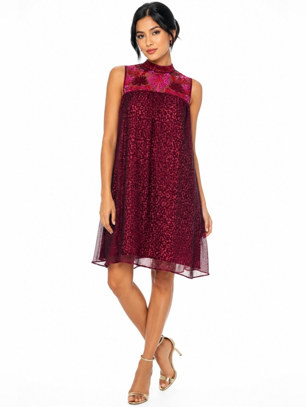 Anthropologie Niki Mahajan Embroidered Mock Neck Swing Shift Dress Size 10
